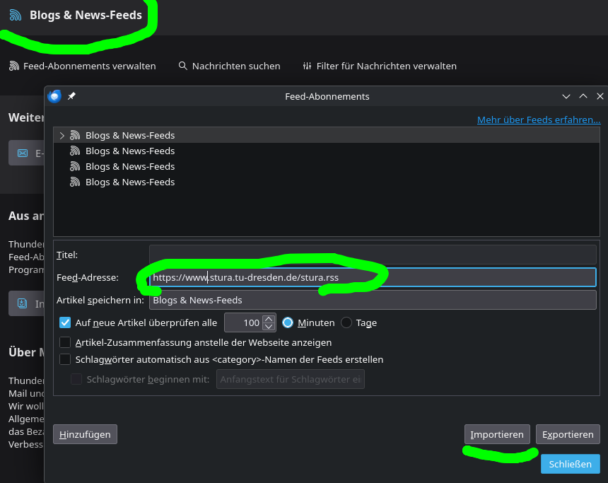Anleitung zum Einrichten eines RSS Feeds in tunderbird. Hervorgehoben