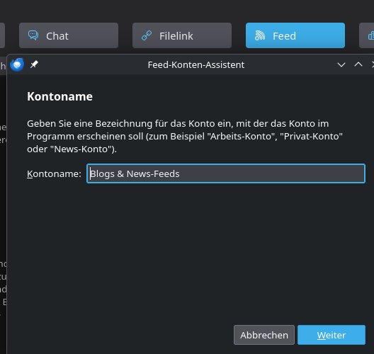thunderbird fenster in der kontenverwaltung, einrichtung des feeds