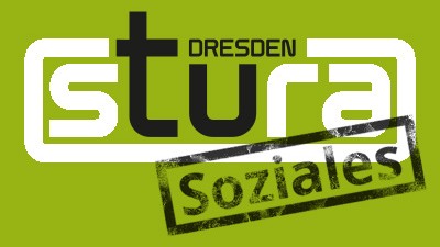 StuRa-Logo auf grünem Hintergrund mit einem Soziales-Stempelabdruck