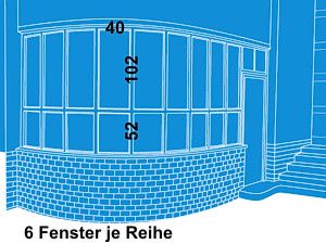 Außenskizze des Binderbaus mit Maßen: unteres Fenster 52, oberes Fenster 102, fenster breite 40