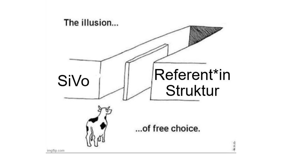 Kuh vor zwei Gängen beschriftet mit SiVo und Referent*in Struktur. Die Gänge führen zum selben Ende. The illusion of free choice.