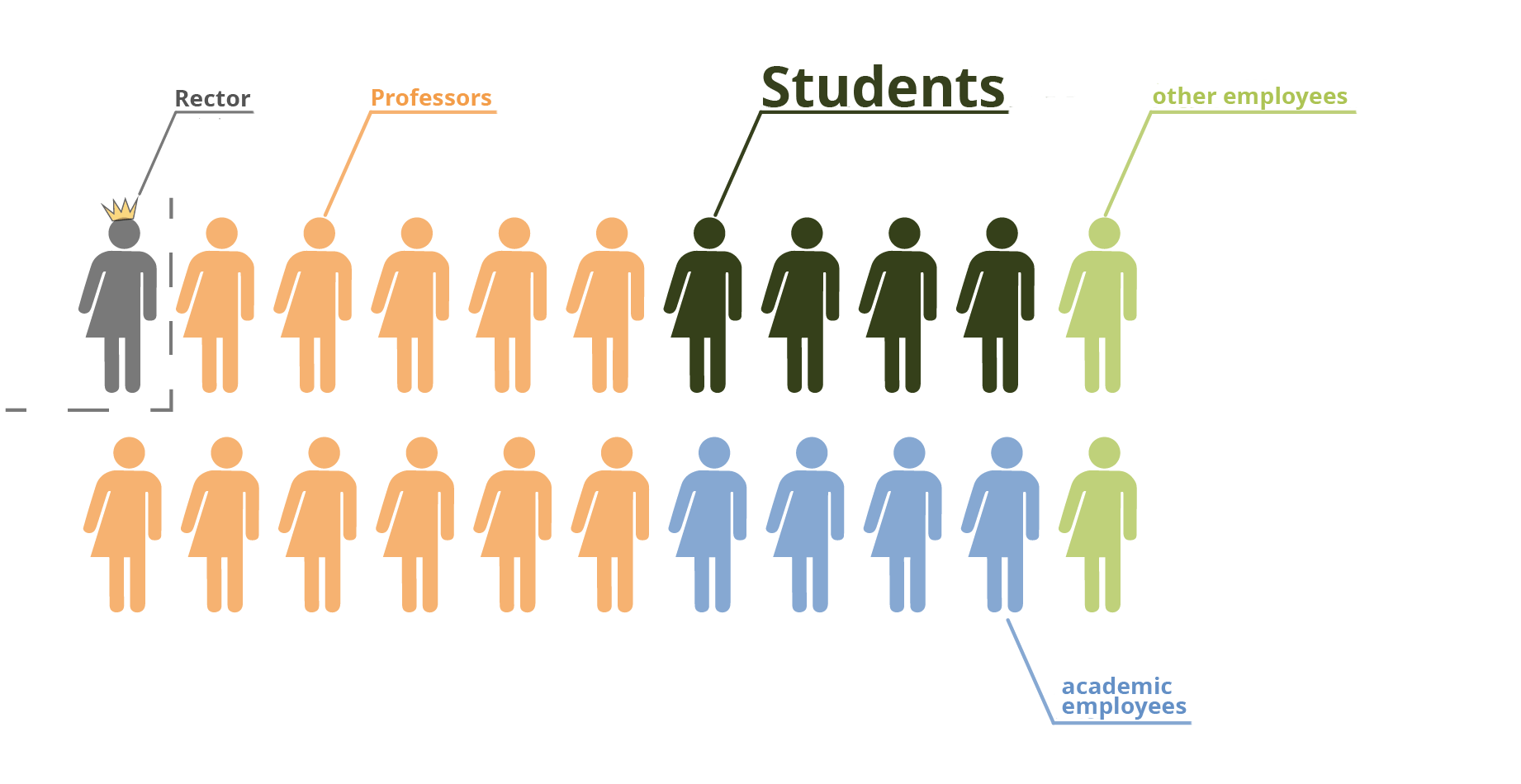Structure of senate Structure of senat with symbols: 11 Professors, 4 students, 2 further employees, head as non voting member