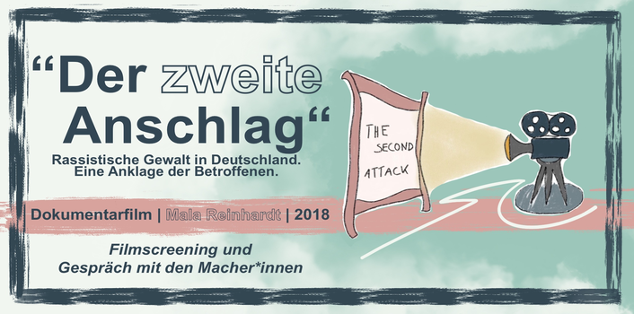 Bild mit Veranstaltungstitel und Illustration, die einen Projektor zeigt, der auf eine Leinwand die Worte "The second attack" projiziert